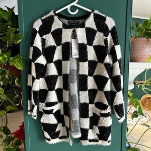 Sabrina Lauren Black and White Checkered Fuzzy Cardigan NASCAR